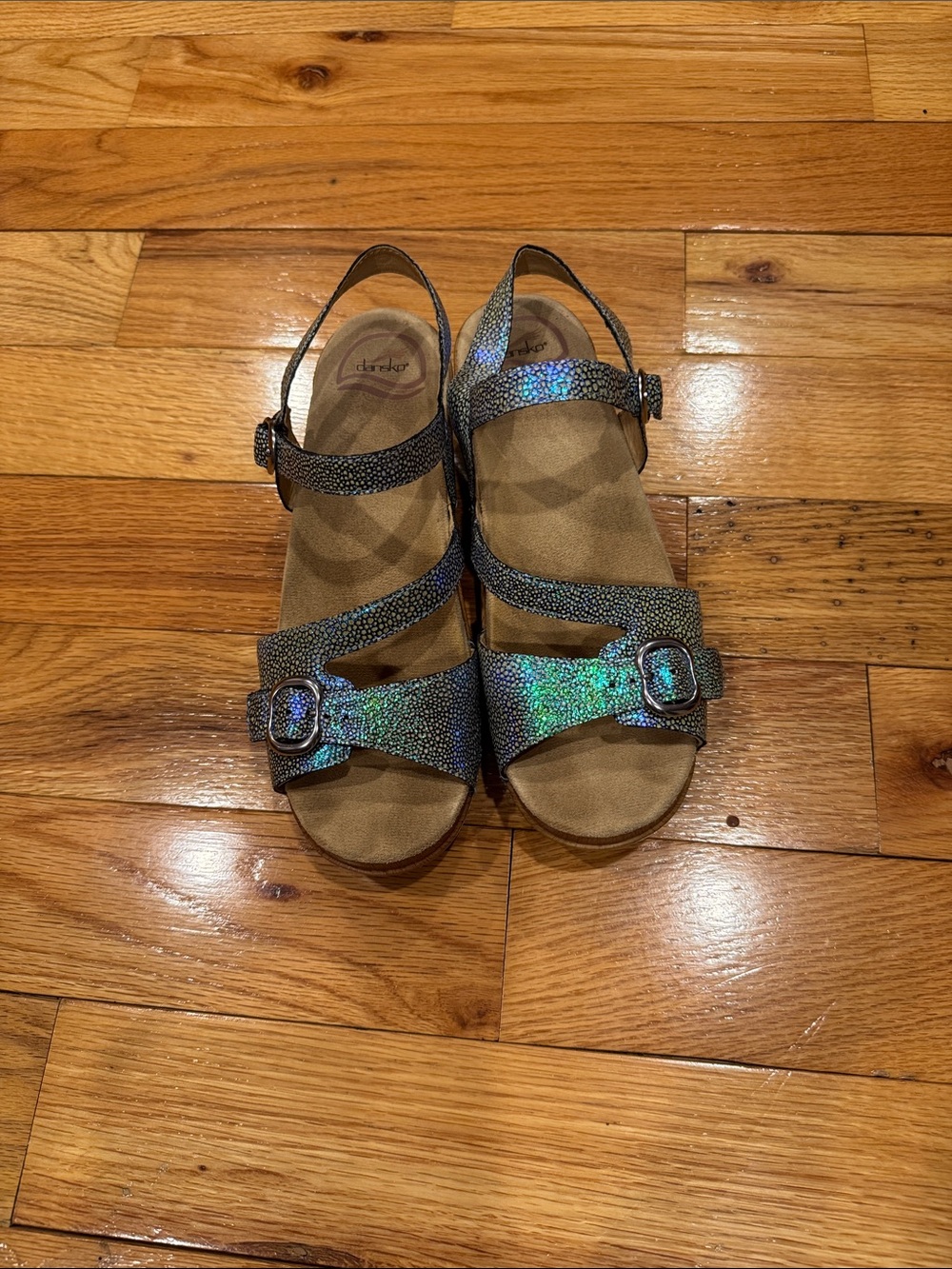 Dansko Iridescent Holographic Strappy Buckle Sandals - Blue/Green